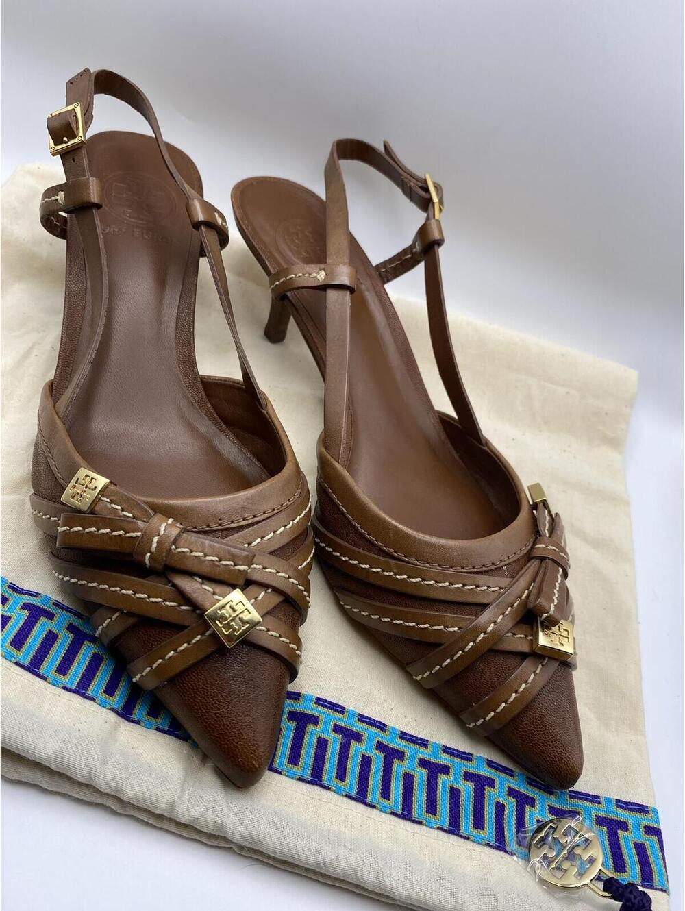 Tory Burch Brown Leather Slingback Heels with Gold Logo Accents Size 7.5